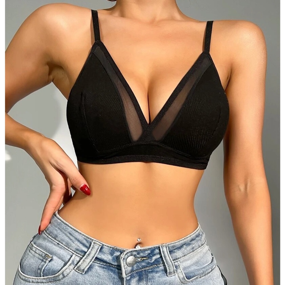 Black Mesh Insert Rib Knit Soft Bralette Triangle Shape - Picture 4 of 7